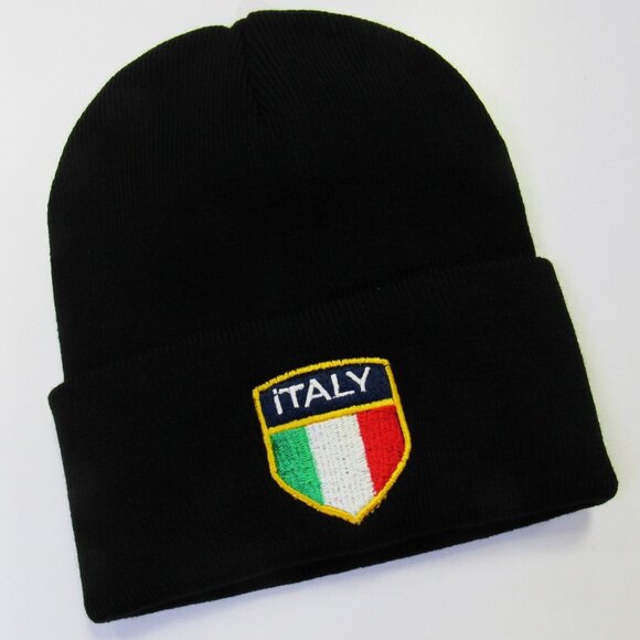 Unisex Black Knit Winter Fold Over Beanie Ski Hat Italy Italian Flag - Picture 1 of 2